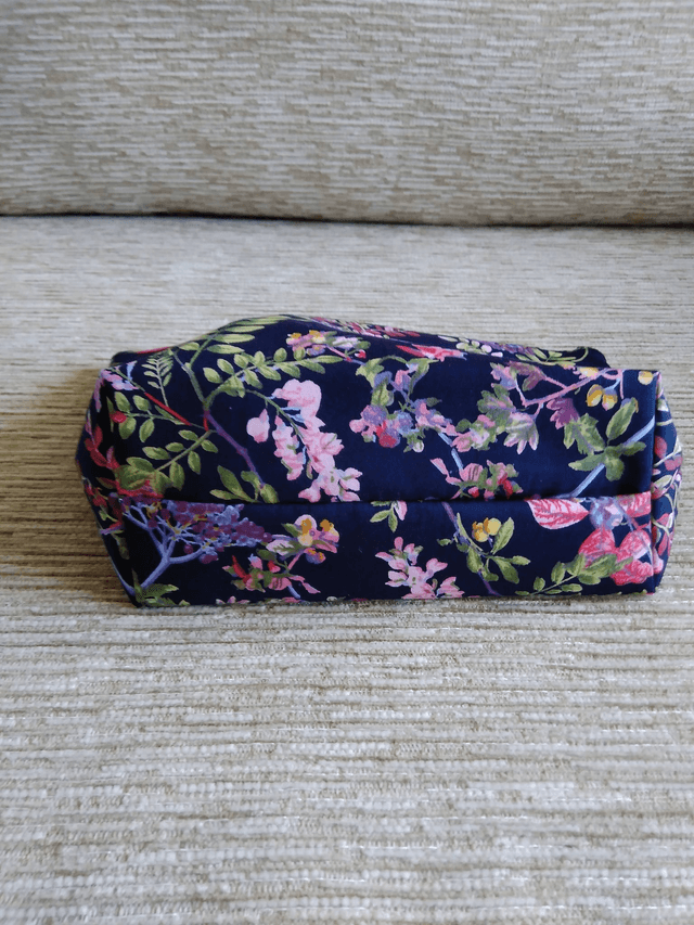 Box/Wash/Cosmetic Bag, Navy Floral Cotton print Fabric with Pink Waterproof Lining