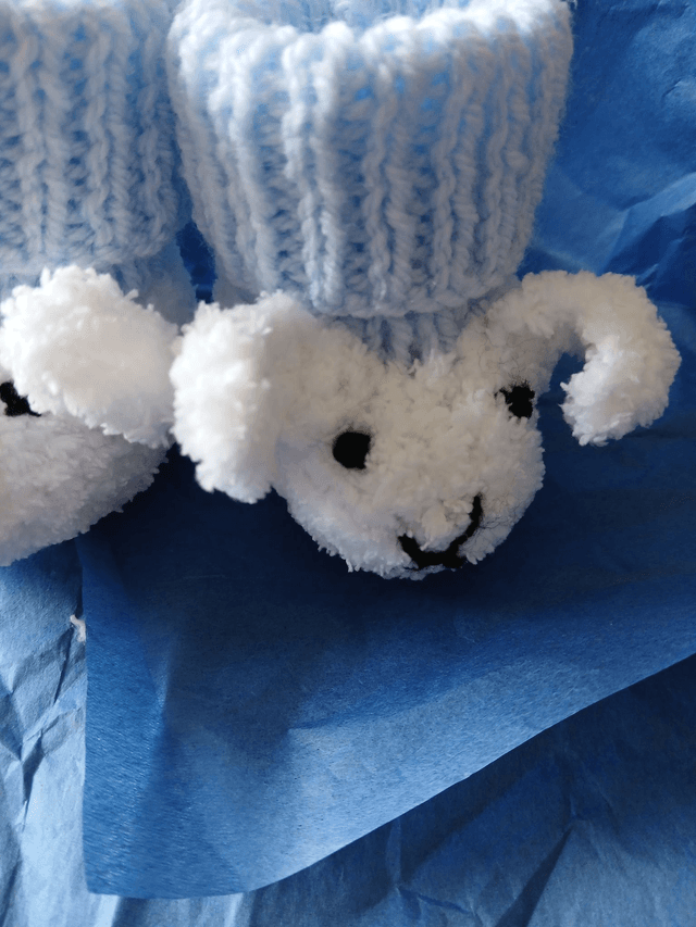 Hand Knitted 'Sheep' Baby Booties with Blue Sock Tops