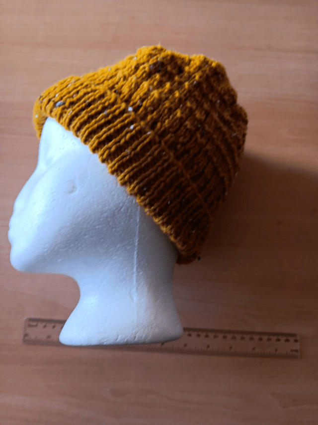 Ladies Mustard Fleck Hat hand knitted in Aran Yarn