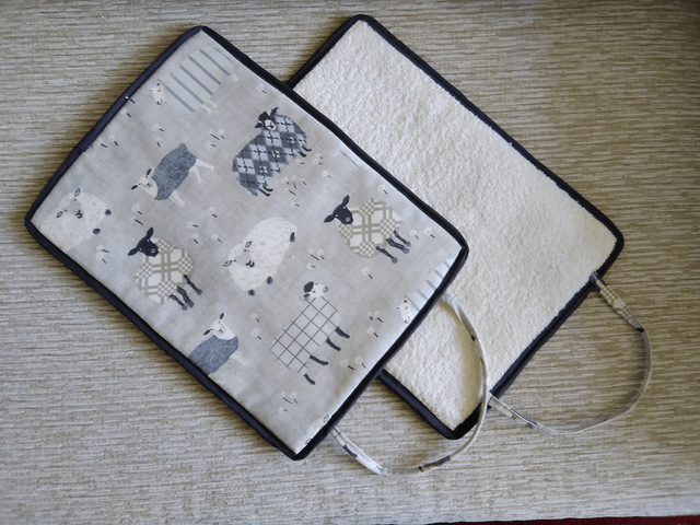 Pair of Rayburn Lid Covers Charcoal Baa Baa Sheep Print Fabric