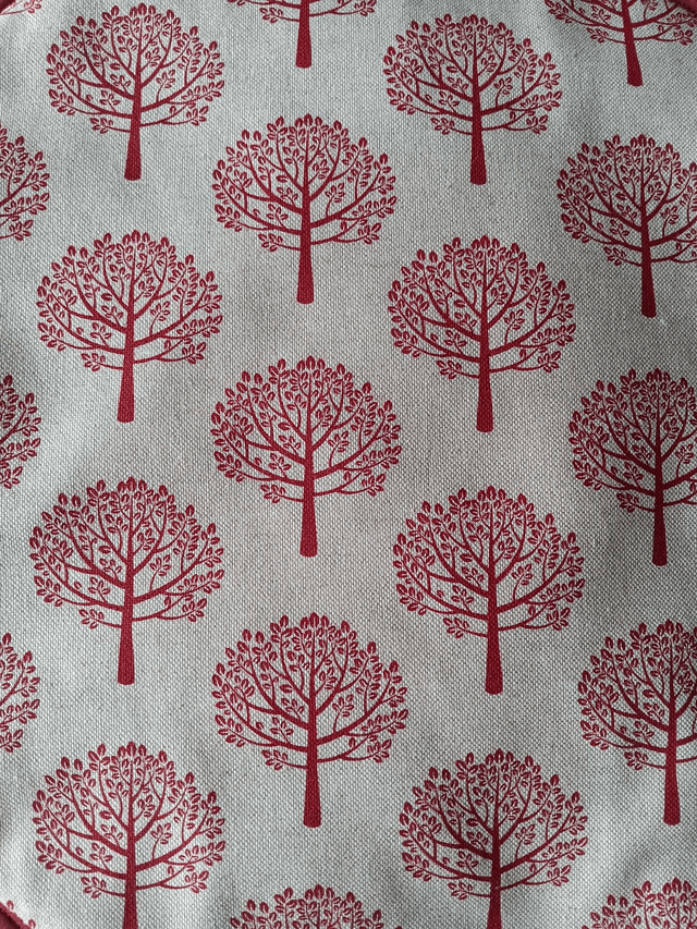 Pair of Beige Aga Lid Covers with Red Mulberry Trees Print Fabric and Burgundy binding