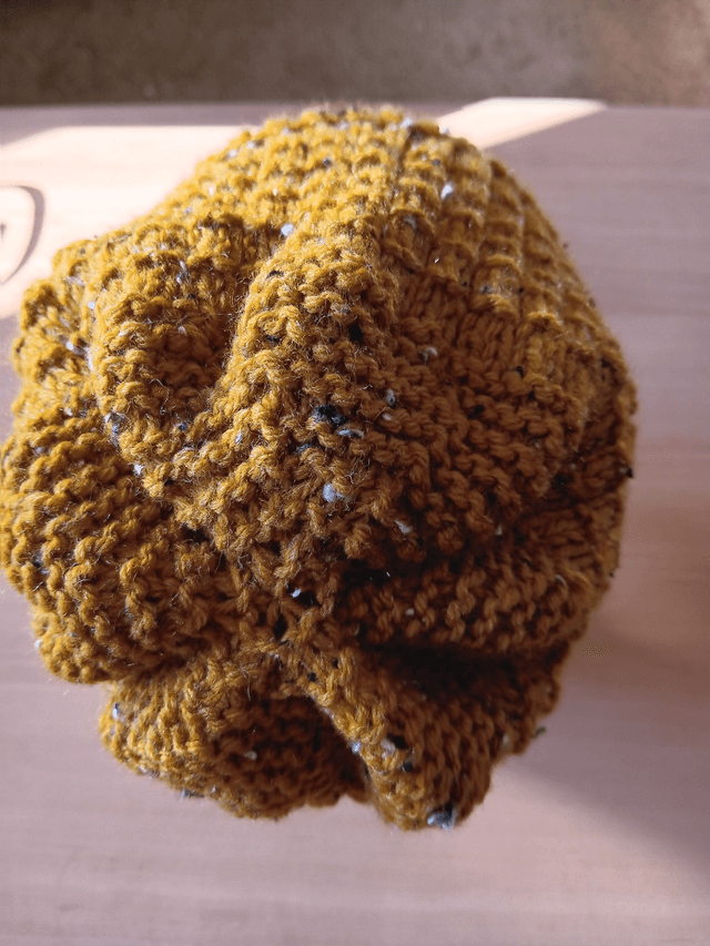 Ladies Mustard Fleck Hat hand knitted in Aran Yarn