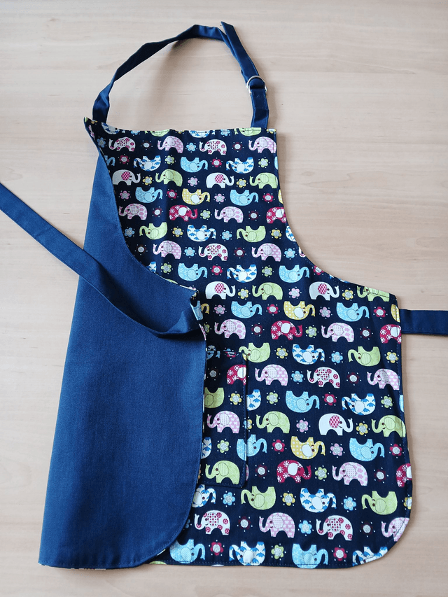 Child's Navy Elephant Print Apron: Fully Lined with Pocket