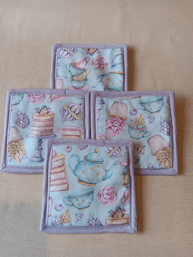 Set of 4 Coasters Three Wishes Tea and Cake patterned cotton fabric