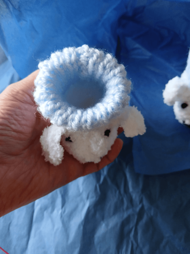 Hand Knitted 'Sheep' Baby Booties with Blue Sock Tops