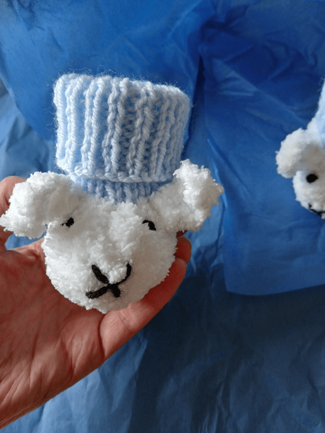 Hand Knitted 'Sheep' Baby Booties with Blue Sock Tops