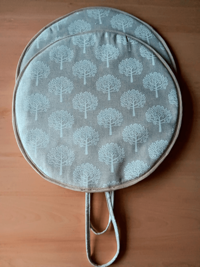 Pair of Beige Aga Lid Covers with White Mulberry Trees Print Fabric and Beige binding