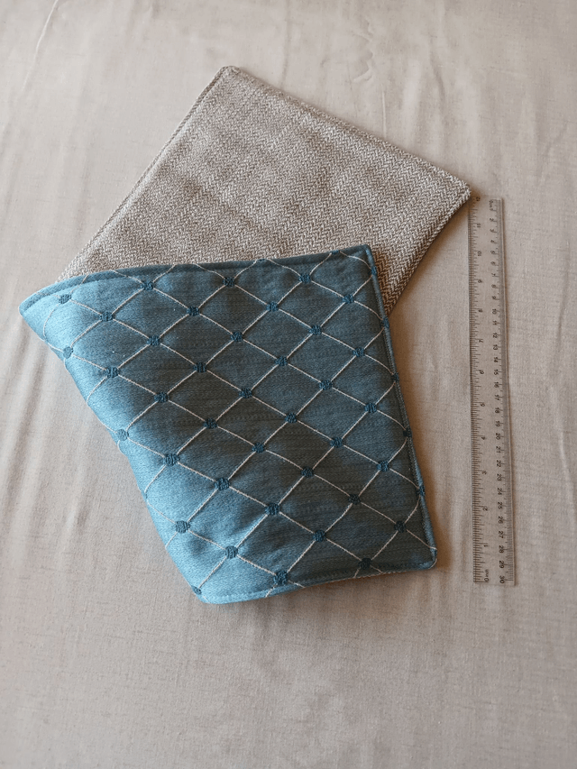 Small Table Runner Pale Blue patterned fabric front with wadding filling and Beige Herringbone backing fabric 