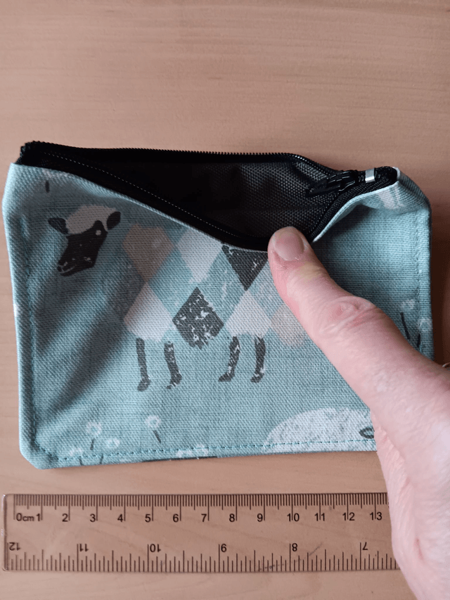 Baa Baa Duck Egg Fabric Purse with Grey Waterproof Lining and Black Zip