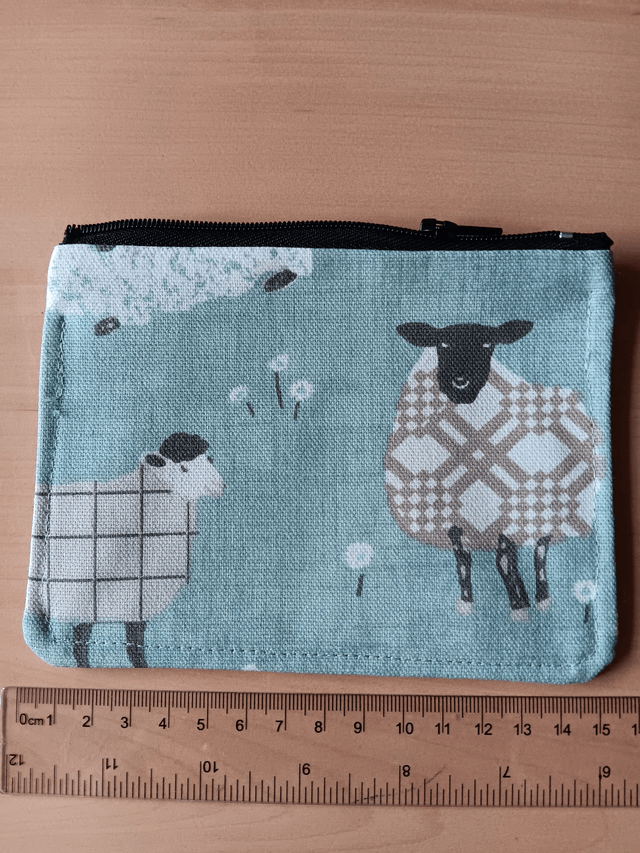 Baa Baa Duck Egg Fabric Purse with Grey Waterproof Lining and Black Zip