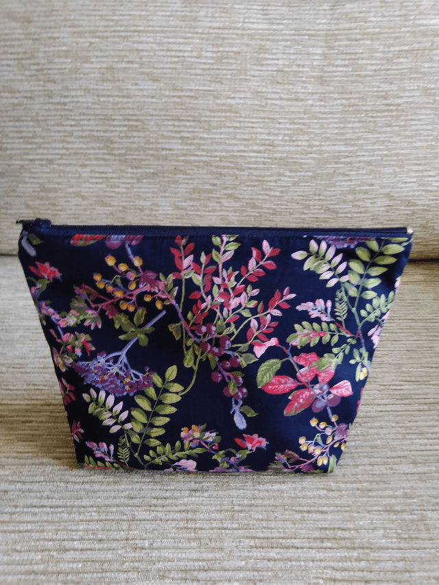 Box/Wash/Cosmetic Bag, Navy Floral Cotton print Fabric with Pink Waterproof Lining