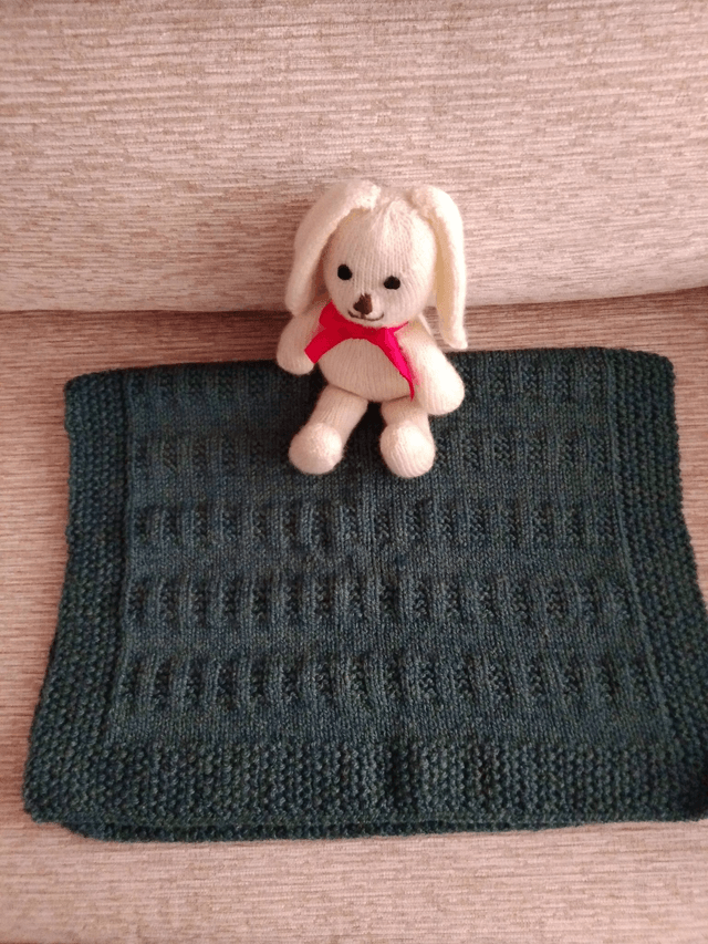 Green Hand Knitted Blanket in Garter Rib and Stocking Stitch Pattern