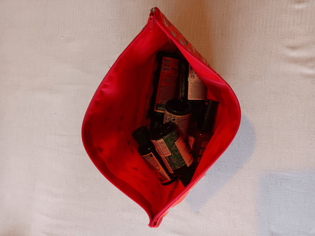 Box/Wash/Cosmetic Bag Orange Bunting with a glitter shimmer Cotton Fabric with Red Waterproof Lining