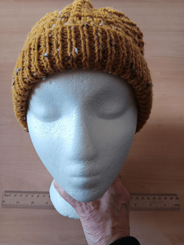 Ladies Mustard Fleck Hat hand knitted in Aran Yarn