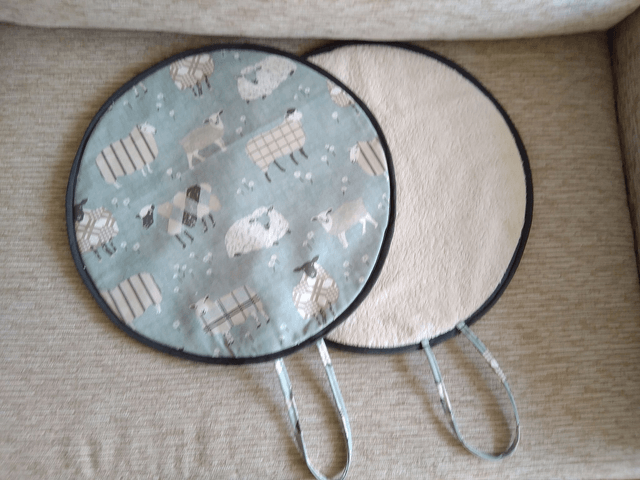 Pair of Aga Lid Covers Duck Egg Baa Baa Sheep Print Fabric with grey binding