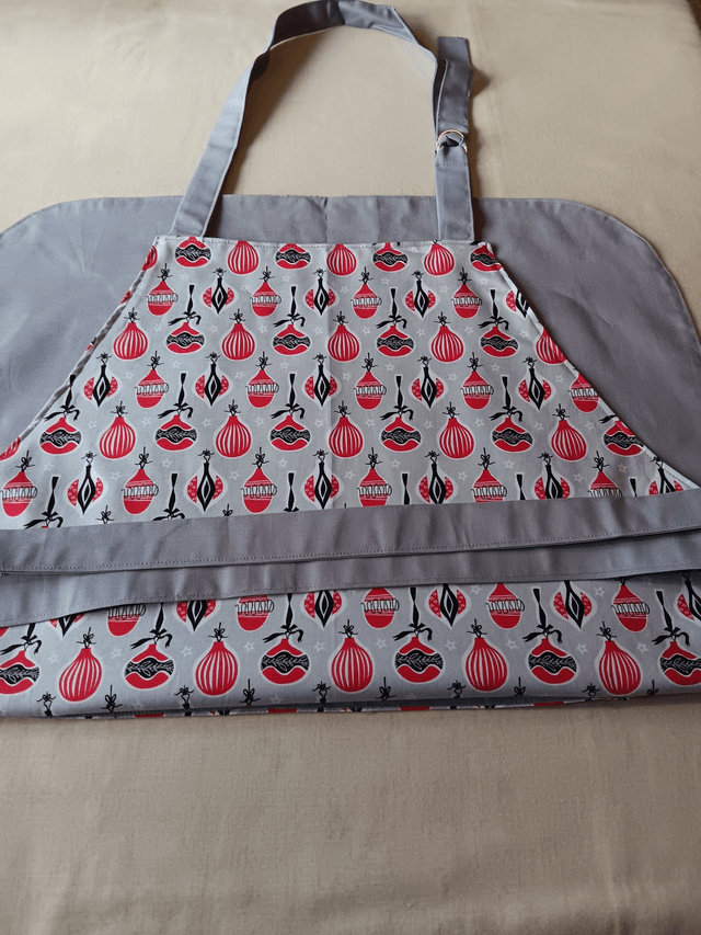Kitchen Apron Cotton Baubles Print Fabric with Grey Lining and straps. Adjustable neck tie, lined matching pocket