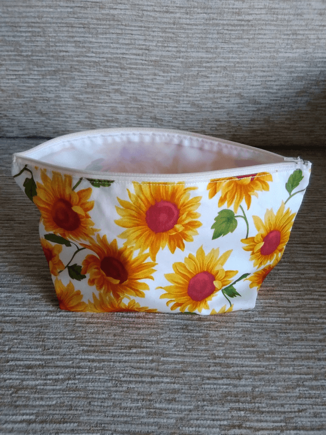 Cosmetic Toiletry Wash Bag Sunflower Fabric Zip Closure and Waterproof PU lining.