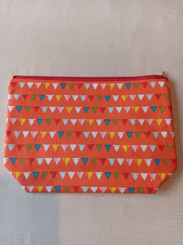 Box/Wash/Cosmetic Bag Orange Bunting with a glitter shimmer Cotton Fabric with Red Waterproof Lining
