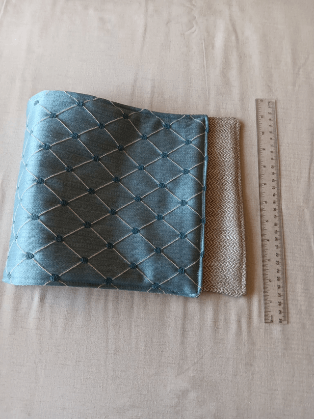 Small Table Runner Pale Blue patterned fabric front with wadding filling and Beige Herringbone backing fabric 