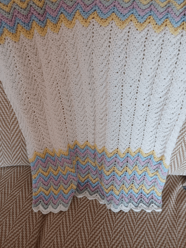 White/Multi Coloured Zig Zag Baby Blanket Hand Crocheted