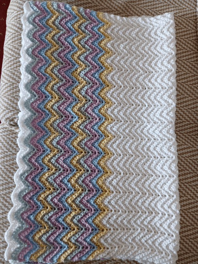 White/Multi Coloured Zig Zag Baby Blanket Hand Crocheted