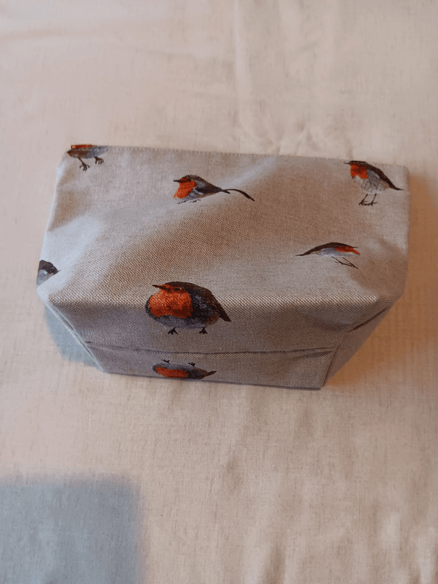 Box/Wash/Cosmetic Robin Print Cotton Fabric with Red Waterproof Lining