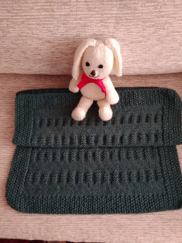 Green Hand Knitted Blanket in Garter Rib and Stocking Stitch Pattern