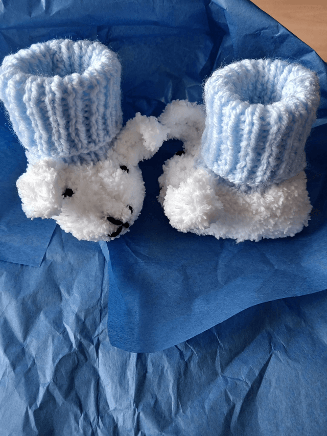 Hand Knitted 'Sheep' Baby Booties with Blue Sock Tops