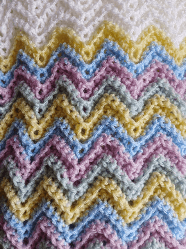 White/Multi Coloured Zig Zag Baby Blanket Hand Crocheted