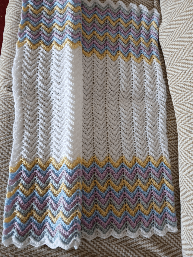 White/Multi Coloured Zig Zag Baby Blanket Hand Crocheted