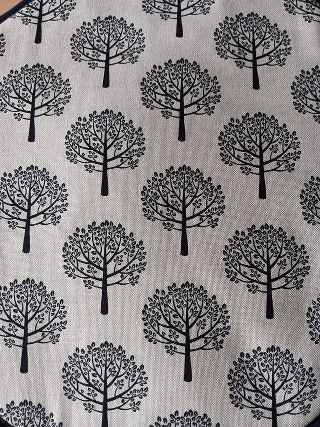 Pair of Beige Aga Lid Covers with Black Mulberry Trees Print Fabric and Black binding