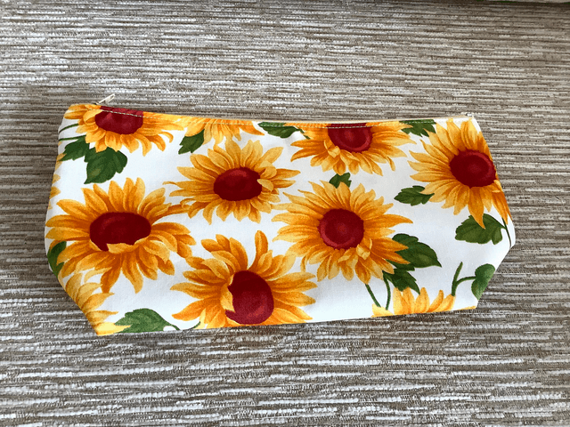 Cosmetic Toiletry Wash Bag Sunflower Fabric Zip Closure and Waterproof PU lining.