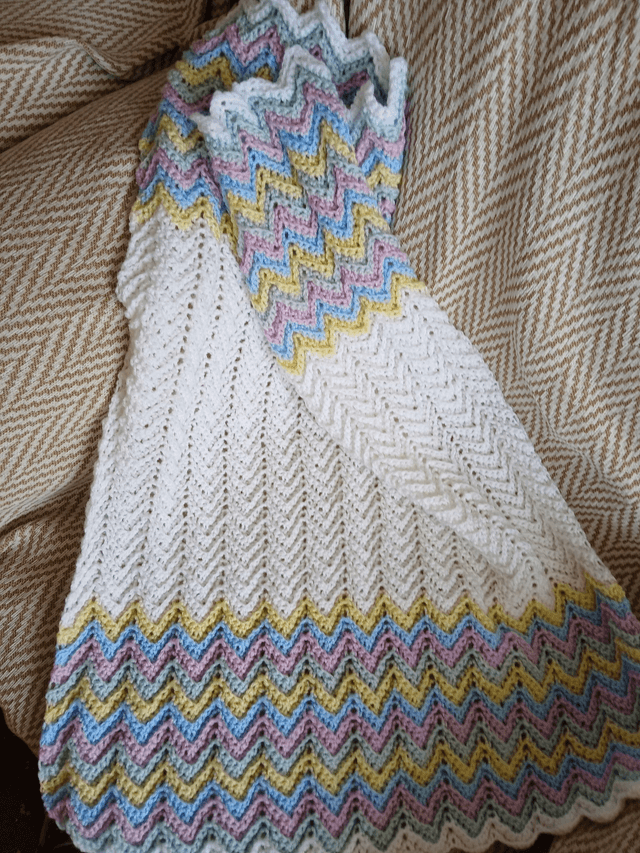White/Multi Coloured Zig Zag Baby Blanket Hand Crocheted