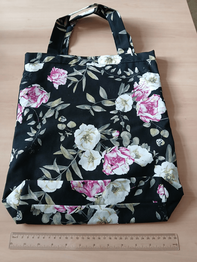 Fully lined Tote Bag Black Cotton Print fabric with roses
