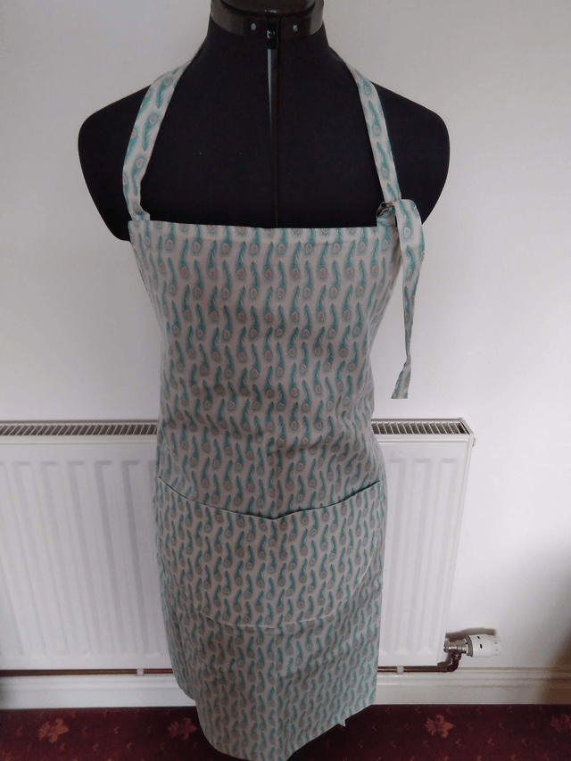 Adult Kitchen Apron Peacock Feather Pattern Fabric with Blue/Green Lining front pocket