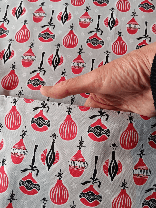 Kitchen Apron Cotton Baubles Print Fabric with Grey Lining and straps. Adjustable neck tie, lined matching pocket