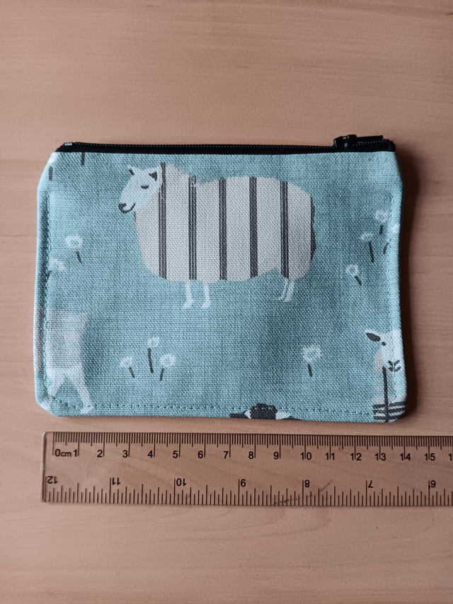 Baa Baa Duck Egg Fabric Purse with Grey Waterproof Lining and Black Zip