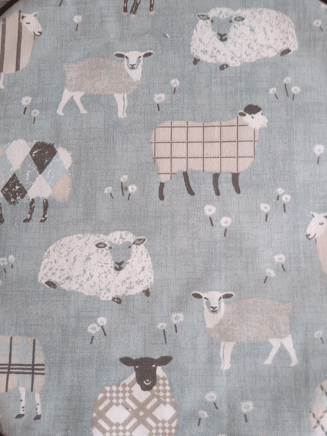 Pair of Aga Lid Covers Duck Egg Baa Baa Sheep Print Fabric with grey binding