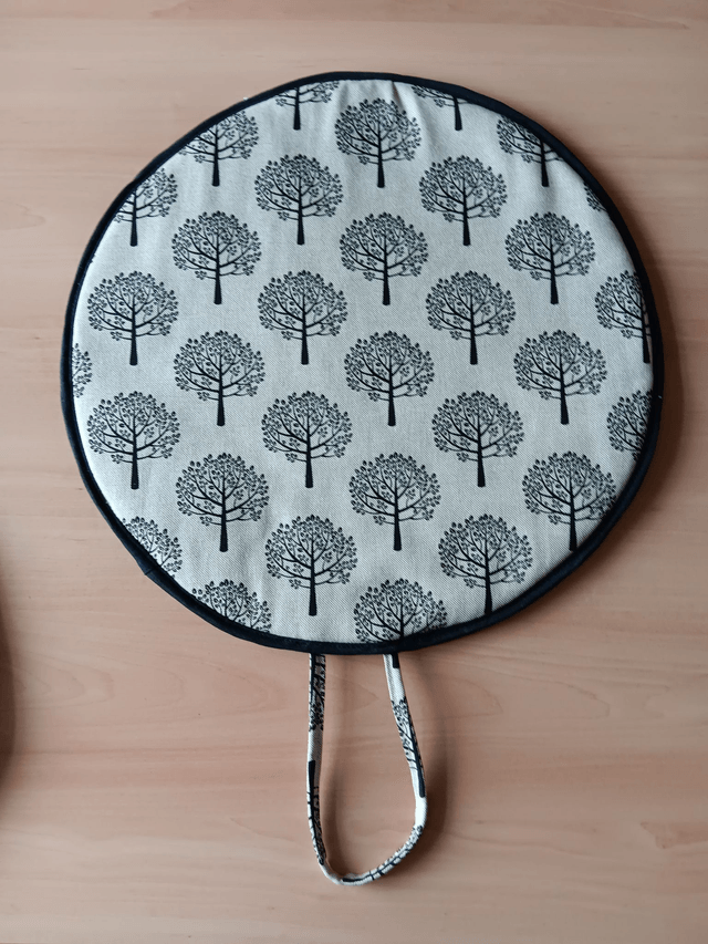 Pair of Beige Aga Lid Covers with Black Mulberry Trees Print Fabric and Black binding