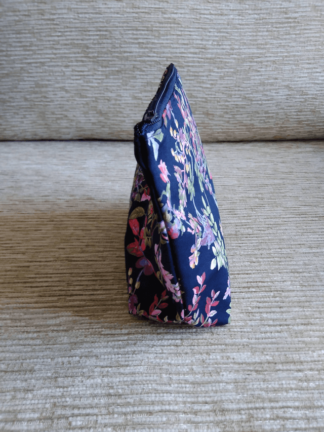 Box/Wash/Cosmetic Bag, Navy Floral Cotton print Fabric with Pink Waterproof Lining