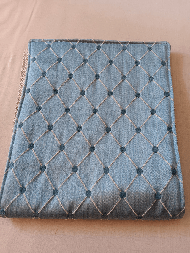 Small Table Runner Pale Blue patterned fabric front with wadding filling and Beige Herringbone backing fabric 