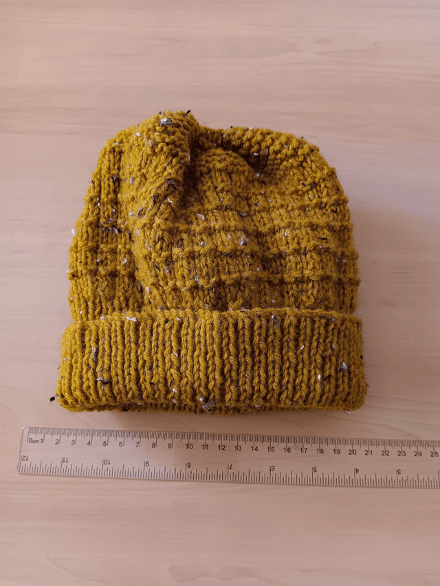 Ladies Mustard Fleck Hat hand knitted in Aran Yarn