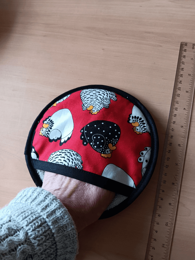 Round Hot Pot Grab Mat in Chooks Fabric heat resistant wadding filling and hanging loop
