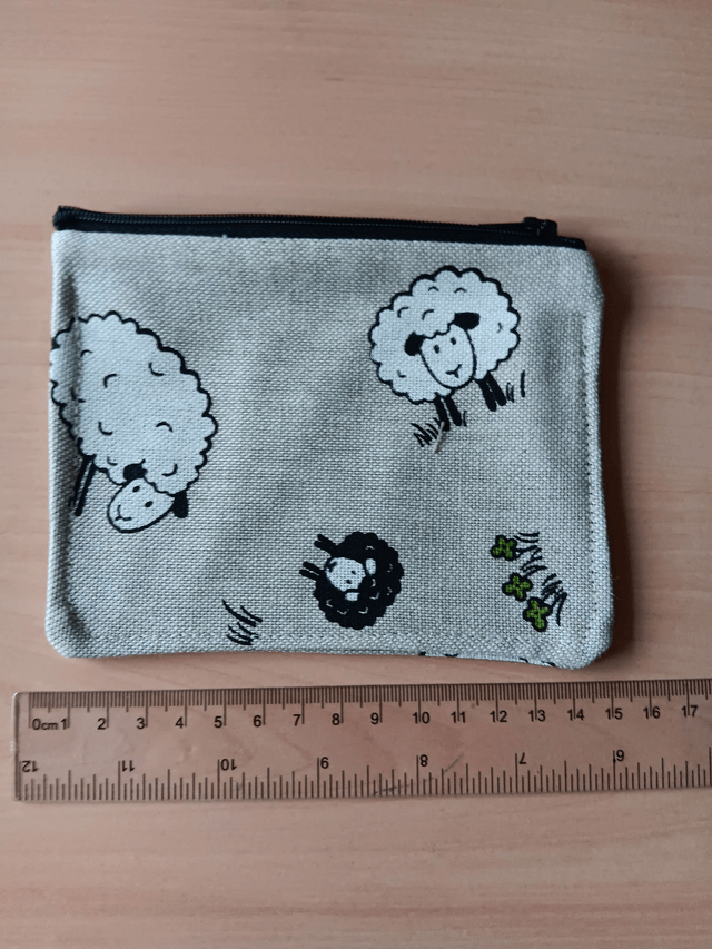 Beige Purse with Sheep Pattern, Grey Waterproof Lining and Black Zip