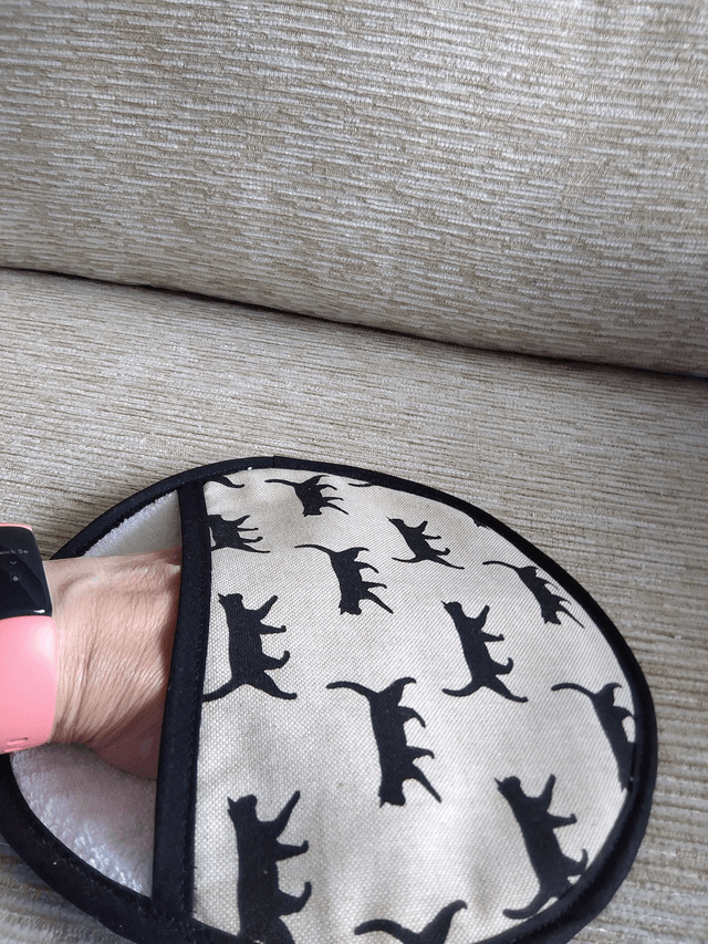 Round Hot Pot Grab Mat in Black Cats Walking Fabric heat resistant wadding filling and hanging loop