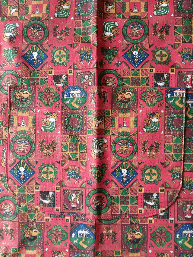 Childs Kitchen Play Apron Festive Patterned Cotton Fabric with Front pocket and Red lining, waist ties and adjustable neck ties