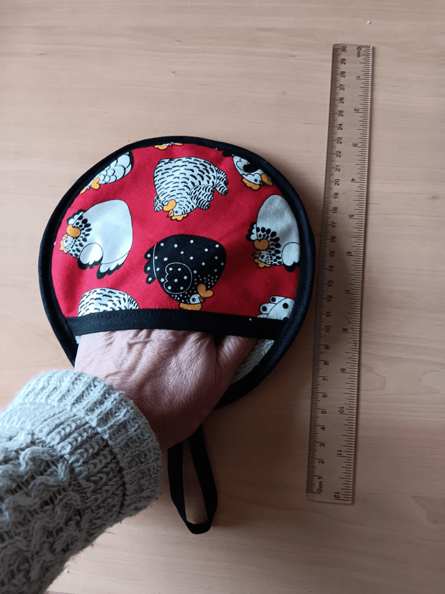 Round Hot Pot Grab Mat in Chooks Fabric heat resistant wadding filling and hanging loop