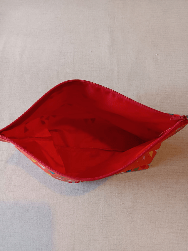 Box/Wash/Cosmetic Bag Orange Bunting with a glitter shimmer Cotton Fabric with Red Waterproof Lining