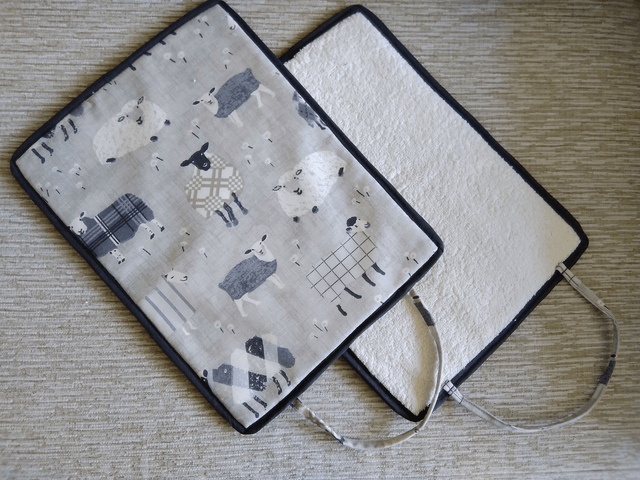 Pair of Rayburn Lid Covers Charcoal Baa Baa Sheep Print Fabric