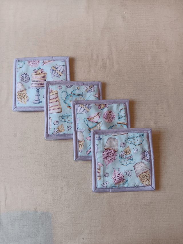 Set of 4 Coasters Three Wishes Tea and Cake patterned cotton fabric